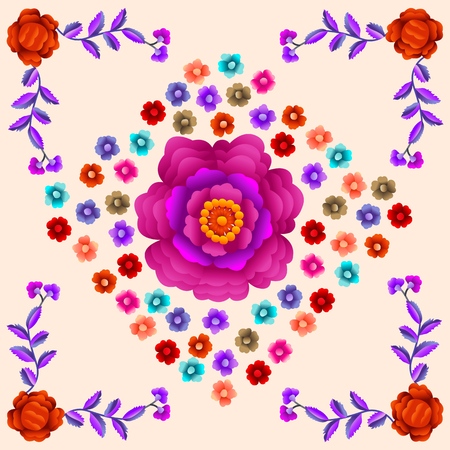 Vector Ancient Oriental folk motif of flowers. Spanish Manila flamenco decorative embroidery ornament. Traditional handmade embroidery.のイラスト素材