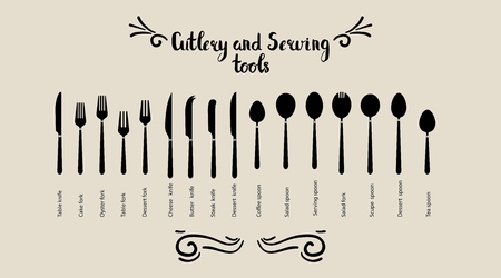 Set of cutlery and servant tools. Spoon fork and knife are placed. Tableware, top view. Vector illustration.のイラスト素材