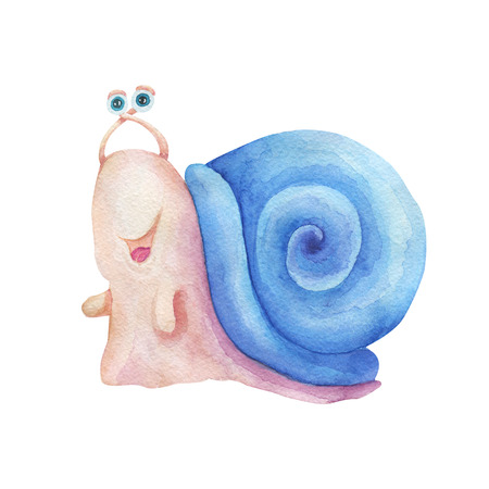 Watercolor hand drawn illustration. Cute character smiling colorful snail isolated painting on white background. For kids fashion, funny cartoon style. For cards, invitations, party, banners, kindergarten, baby shower, preschool and children room.の写真素材
