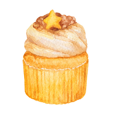 Watercolor cupcake, fairy cake isolated on a white background. Sweet delicious hand drawn bakery illustration.の写真素材