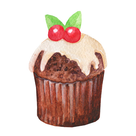 Watercolor cupcake, fairy cake isolated on a white background. Sweet delicious hand drawn bakery illustration.の写真素材