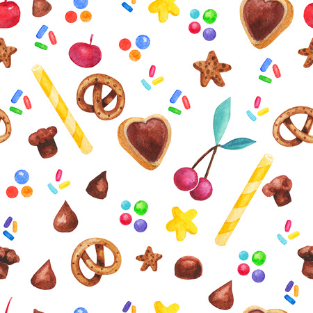Watercolor cupcake sweets seamless pattern, candy isolated on a white background. Sweet delicious hand drawn sweets illustration.の写真素材