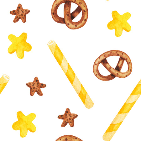 Watercolor cupcake sweets seamless pattern, candy isolated on a white background. Sweet delicious hand drawn sweets illustrationの写真素材