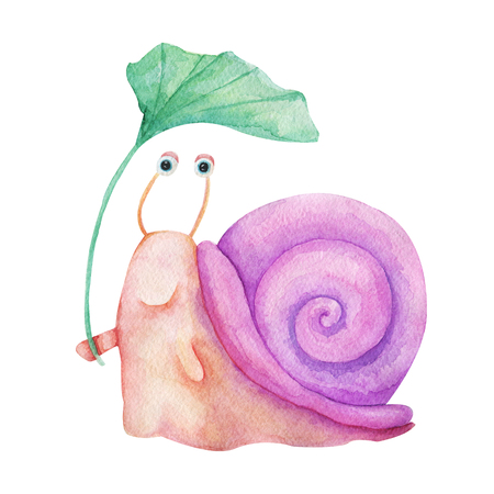 Watercolor hand drawn illustration. Cute character smiling colorful snail isolated painting on white background. For kids fashion, funny cartoon style. For cards, invitations, party, banners, kindergarten, baby showerの写真素材