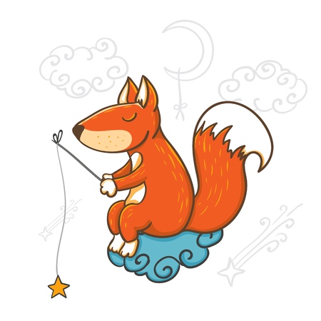 Vector in line style. Cute baby fox sleep or dreaming in cartoon style isolated on white background for kids fashion, funny fox for invitations, party, banners, baby shower, nurseryのイラスト素材