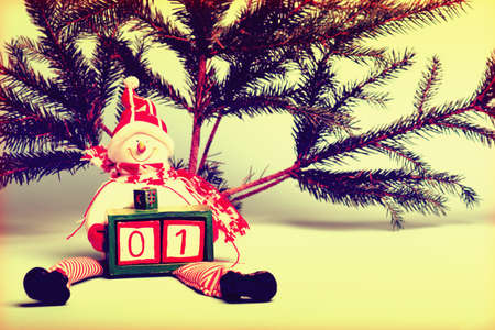 A snowman figure is holding a box with two cubes whose faces are marked with numbers zero and one. It is January the first.の写真素材