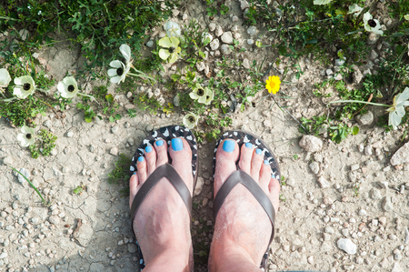Feet in the sand with punching flowers. The concept of choosing the pathの写真素材