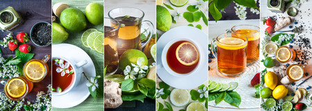 Theme of tea, background with space for text, dark. Black and green  tea in transparent mugs with lemon, ginger, lemons, limes, mint, cherry blossoms. Food industry, tea packing, restaurant business. Collage , setの写真素材