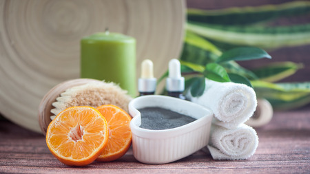 Ðnti-cellulite, organic, bio, natural cosmetics. Remedy for cellulite massage, spa. Natural oils and massage brush, blue clayの写真素材