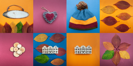 Autumn in the city concept. Stylish and bright collage with objects of the city and autumn themes. Colorful leaves, houses on a background of foliage, autumn objects, space for text. View from above, flat layの写真素材