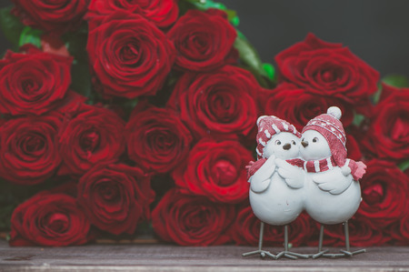 Concept Valentine day, love, two cute love birds on a background of red roses. Stylish love concept, space for text.の写真素材