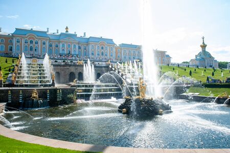 Peterhof, SAINT PETERSBURG, RUSSIA - JUNE 06, 2019: Grand Cascade and Samson Fountain in Petergof