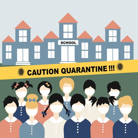 Coronavirus, Closing school, quarantine concept,  coronavirus concept Novel coronavirus 2019-nCoV, covid-19, schoolchildren in white medical face mask and the school building with the sign is closedのイラスト素材