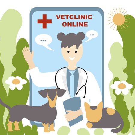 Vector, Doctor  vetclinic online concept. Doctor in a robe waving his hand and wants to help, consults on the phone. Dog and cat happyのイラスト素材