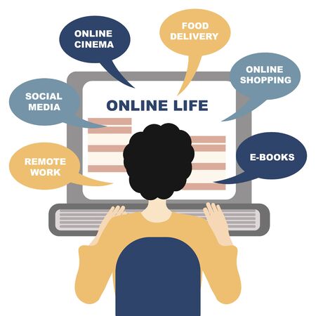 Concept of life online. You can get everything staying at home online.  Man sits in front of his laptop, choosing a service.のイラスト素材