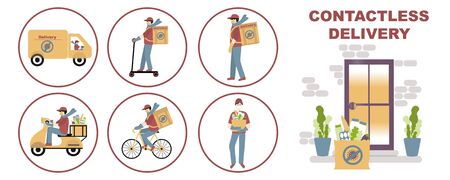 Contactless Delivery of food concept set, signs. Coronavirus, covid-19. Delivery man, courier by all means of transport set, on foot, by bicycle, by moped, by scooter , by minibusのイラスト素材