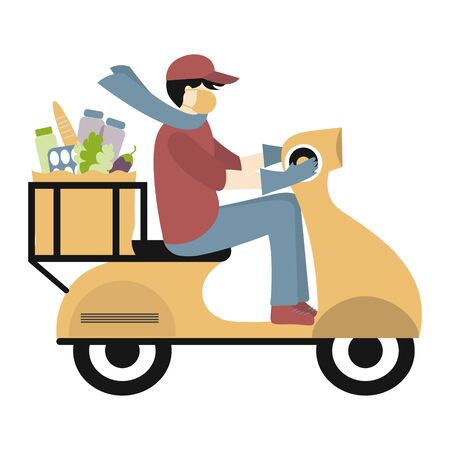 Contactless Delivery of food concept. Coronavirus, covid-19. Delivery man, courier on a moped  wearing a medical mask carries a deliveryのイラスト素材
