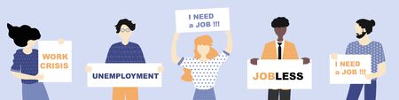 Unemployment, the lost job concept vector. White and Afro American people  holding message boards - need a job, unemployment, jobless, work crisis. Drawn by the people at the meetingのイラスト素材