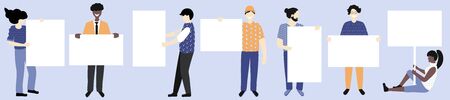 Set vector illustration. Trendy white and afro american people holding message boards, empty placard with place for text. Fashion cartoon young people holding clean empty board bannersのイラスト素材