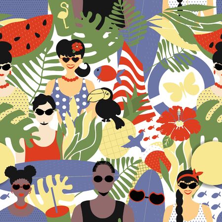 Summer seamless pattern, stylish people white and Afro-Americans in summer clothes and with summer attributes - surfboard and watermelon, sun and lifebuoy. Bright summer pattern, vector, flat styleのイラスト素材