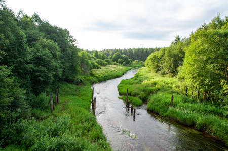Very beautiful fairytale landscape with lush grass and a running river, aerial viewの写真素材
