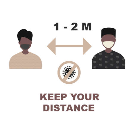 Keep your distance Coronavirus sign. Prevention, Stop, quarantine, attention Covid-19, 2019-nCoV Novel Coronavirus. Black, African man distance Coronavirus signのイラスト素材