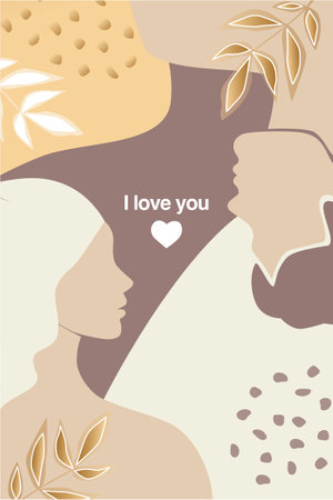 Vector valentine's day trendy card, story or poster, abstract man and female shapes and silhouette in gold color. Contemporary art. Abstract couple in love. Postcard with inscriptions - i love youのイラスト素材