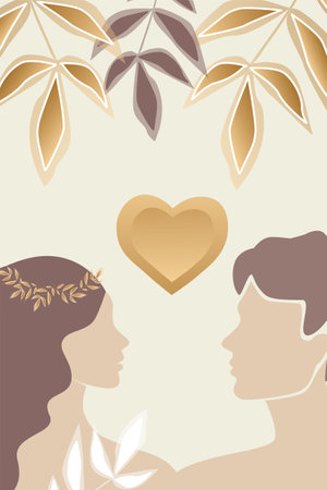 Vector valentine's day trendy card, story or poster, abstract man and female shapes and silhouette in gold color. Contemporary art illustrations. Abstract couple in love. Postcard, congratulationsのイラスト素材