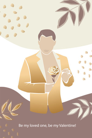 Vector valentine's day trendy card, story or poster, abstract man shapes and silhouette in gold color. Contemporary art illustrations. Postcard with inscriptions - Be my Valentineのイラスト素材