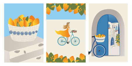 Summer vacation theme and inspiration. Beautiful girl rides a bicycle on a white-stone island drowning in flowers. Banner, template for a website with text. Travel Vector illustrations and designのイラスト素材