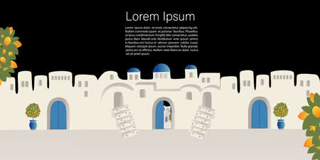 Summer vacation theme and inspiration. Beautiful girl rides a bicycle on a white-stone island drowning in flowers. Banner, template for a website with text. Travel Vector illustrations and designのイラスト素材