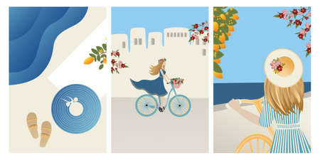 Summer vacation theme and inspiration. Beautiful girl rides a bicycle on a white-stone island drowning in flowers. Banner, template for a website with text. Travel Vector illustrations and designのイラスト素材