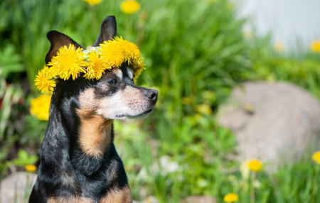 Ð¡ute happy puppy, dog in a wreath of flowers yellow dandelions on a natural background, a portrait of a dog. Spring summerの写真素材
