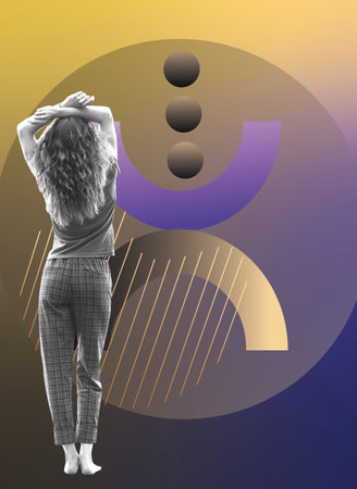 Contemporary art collage. Girl looks at abstract figure, the idea of balance and equilibriumの写真素材