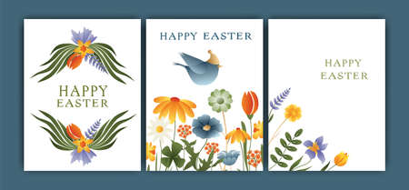 Easter vector illustration, set of three cards. Rabbits, wreaths and flowers, Easter eggs. Gradient, postcards with words, wishes for happy Easterのイラスト素材