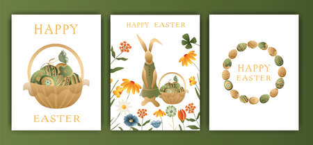Easter vector illustration, set of three cards. Rabbits, wreaths and flowers, Easter eggs. Gradient, postcards with words, wishes for happy Easterのイラスト素材