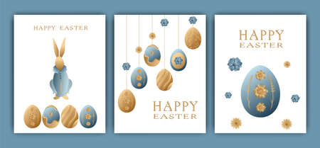 Easter vector illustration, set of three cards. Rabbits, wreaths and flowers, Easter eggs. Gradient,...