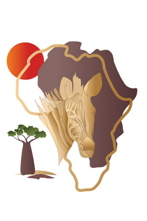 Symbol of the African continent acacia and zebra portrait. Vector, poster. Collection of contemporary art. Poster in trendy style, African landscapeのイラスト素材