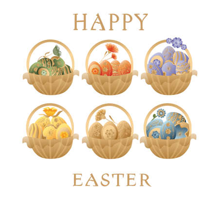 Easter vector illustration, set of colored Easter eggs in a basket. Beautiful Easter eggs in a basket in gradient technique. Chic Easter.のイラスト素材