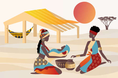 Vector, poster. African women with a baby in the desert, plants, abstract shapes and landscape in the desert and sun. Abstract posters in minimalistic style. Collection of contemporary art.のイラスト素材