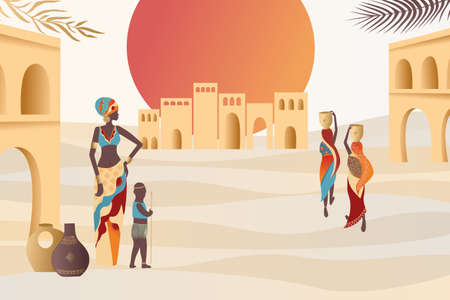 African women walk in the desert, plants, abstract shapes and landscape, city in the desert and sun. Abstract posters in minimalistic style.のイラスト素材