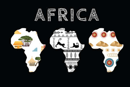 Continent Africa with patterns , vector illustration set. Elements for design, vector illustration, African culture concept. , logoのイラスト素材
