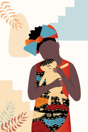 Vector, poster, African little girl with a doll in traditional dress. Collection of contemporary art, trendy styleのイラスト素材