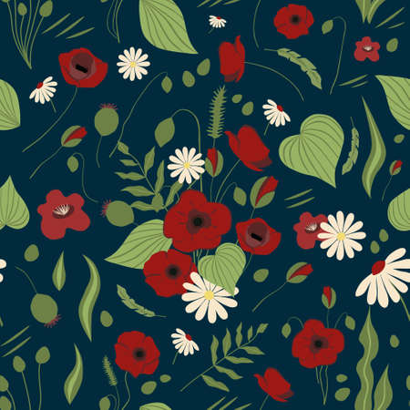 Vector seamless pattern, red and white flowers on a dark background. fashion illustration trendのイラスト素材