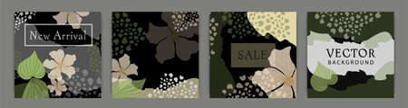 Trendy vector abstract square set templates with floral elements and plants. Suitable for publications in social networks and mobile applications. Vector floral backgrounds spring and summer, discounts and salesのイラスト素材