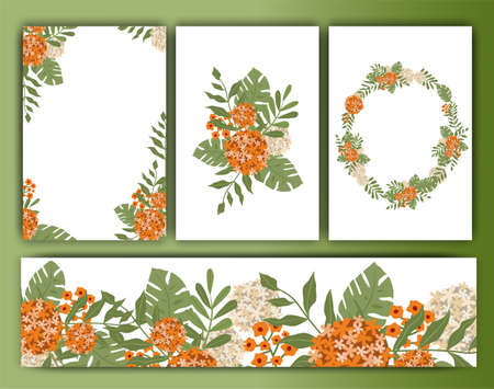 Set of floral vector backgrounds and frames, vintage trendy style. Vector templates of cards and wreaths, borders for design , wedding invitations, banners, posters and packagesのイラスト素材