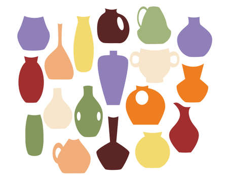 Set of vector illustrations of floral vases in flat style. Elements for the design of decorative vases of different colors, isolated on whiteのイラスト素材