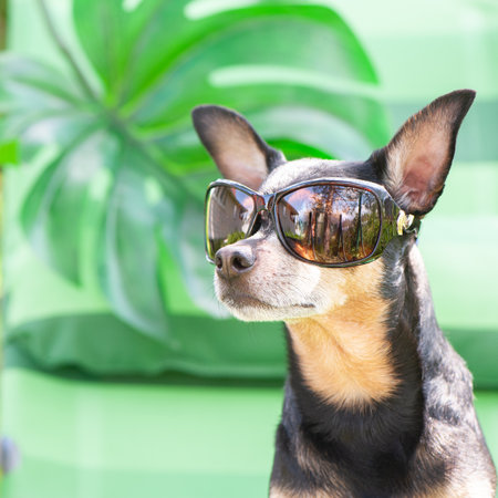 Dog, toy terrier in sunglasses is resting in a sun lounger. Summer holiday concept. Square imageの写真素材