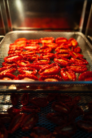 Sun-dried tomatoes on a baking sheet, the process of making dried tomatoes  tomatoesの写真素材