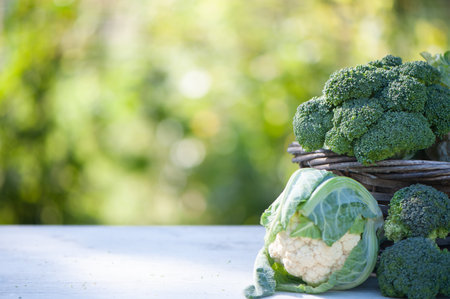 Cauliflower and broccoli in a basket on a natural green background, space for textの写真素材
